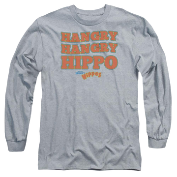 Athletic heather men's long sleeve t-shirt with Hungry Hungry Hippos Hangry graphic