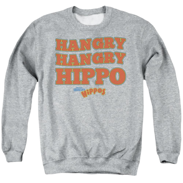 Athletic heather men's crewneck sweatshirt with Hungry Hungry Hippos Hangry graphic