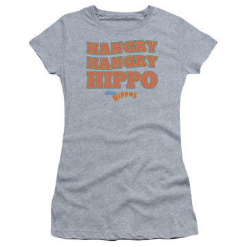 Athletic heather juniors t-shirt with Hungry Hungry Hippos Hangry graphic
