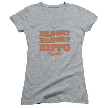 Athletic heather juniors v-neck t-shirt with Hungry Hungry Hippos Hangry graphic