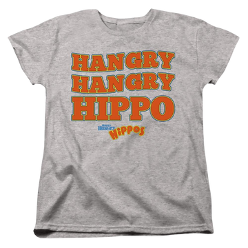 Athletic heather women's t-shirt with Hungry Hungry Hippos Hangry graphic