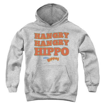 Athletic heather youth hoodie for ages 8 to 12 with Hungry Hungry Hippos Hangry graphic