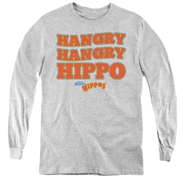 Athletic heather youth long sleeve t-shirt with Hungry Hungry Hippos Hangry graphic