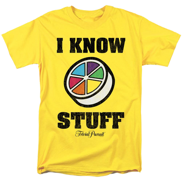 Yellow men's regular fit t-shirt with Trivial Pursuit I Know Stuff graphic