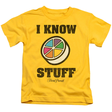 Yellow kid's t-shirt for ages 4 to 7 with Trivial Pursuit I Know Stuff graphic