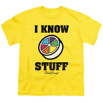 Yellow youth t-shirt for ages 8 to 12 with Trivial Pursuit I Know Stuff graphic