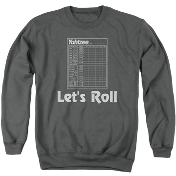 Charcoal men's crewneck sweatshirt with Yahtzee Lets Roll graphic