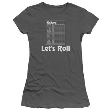 Charcoal juniors t-shirt with Yahtzee Lets Roll graphic