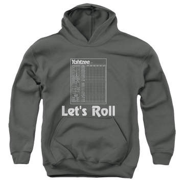 Charcoal youth hoodie for ages 8 to 12 with Yahtzee Lets Roll graphic