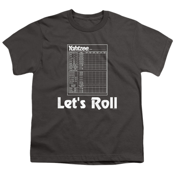 Charcoal youth t-shirt for ages 8 to 12 with Yahtzee Lets Roll graphic