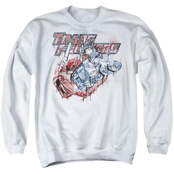 White men's crewneck sweatshirt with Transformers Spray Panels graphic