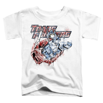 White toddler t-shirt with Transformers Spray Panels graphic