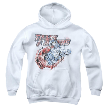 White youth hoodie for ages 8 to 12 with Transformers Spray Panels graphic