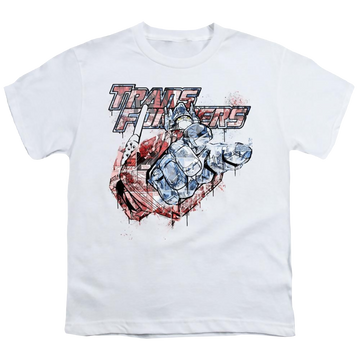 White youth t-shirt for ages 8 to 12 with Transformers Spray Panels graphic