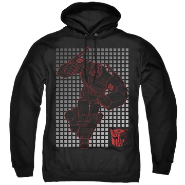 Black pullover hoodie with Transformers Optimus Grid graphic