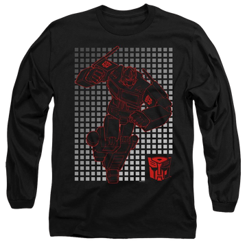 Black men's long sleeve t-shirt with Transformers Optimus Grid graphic