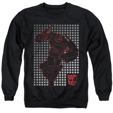 Black men's crewneck sweatshirt with Transformers Optimus Grid graphic
