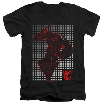 Black men's v-neck t-shirt with Transformers Optimus Grid graphic