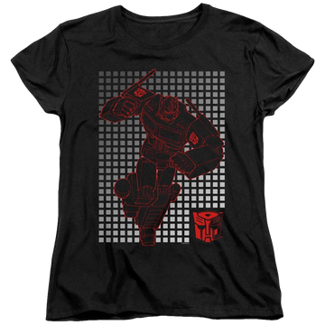Black women's t-shirt with Transformers Optimus Grid graphic