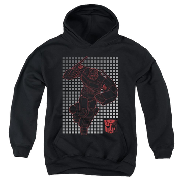 Black youth hoodie for ages 8 to 12 with Transformers Optimus Grid graphic