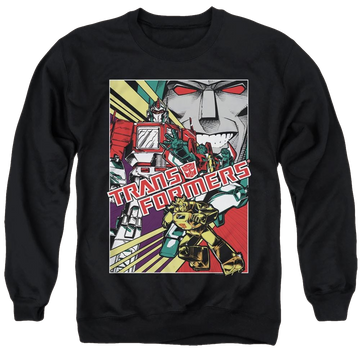 Black men's crewneck sweatshirt with Transformers Comic Poster graphic
