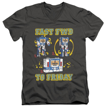 Charcoal men's v-neck t-shirt with Transformers Forward Friday graphic