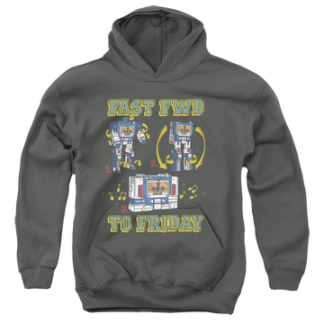 Charcoal youth hoodie for ages 8 to 12 with Transformers Forward Friday graphic