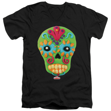 Black men's v-neck t-shirt with Play-doh Sugar Skull graphic