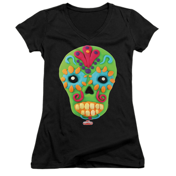 Black juniors v-neck t-shirt with Play-doh Sugar Skull graphic