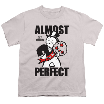 Silver youth t-shirt for ages 8 to 12 with Monopoly Almost Perfect graphic