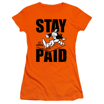 Orange juniors t-shirt with Monopoly Hasbro Stay Paid graphic