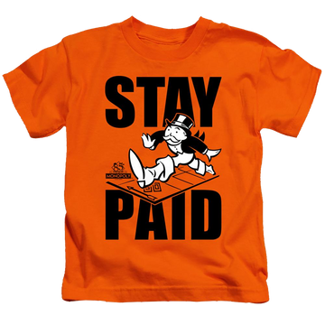 Orange kid's t-shirt for ages 4 to 7 with Monopoly Stay Paid graphic