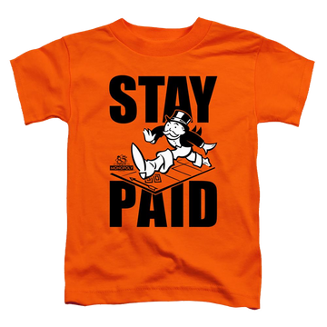 Orange toddler t-shirt with Monopoly Stay Paid graphic