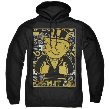 Black pullover hoodie with Monopoly Own It All graphic