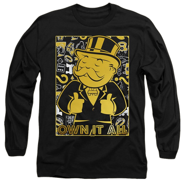 Black men's long sleeve t-shirt with Monopoly Own It All graphic