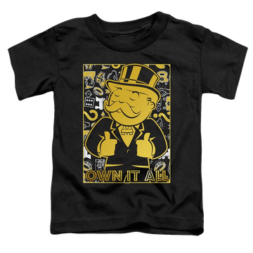 Black toddler t-shirt with Monopoly Own It All graphic