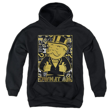 Black youth hoodie for ages 8 to 12 with Monopoly Own It All graphic