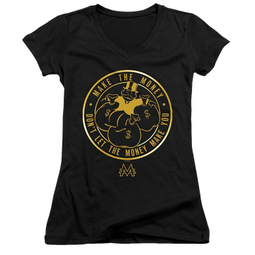 Black juniors v-neck t-shirt with Monopoly Make The Money graphic