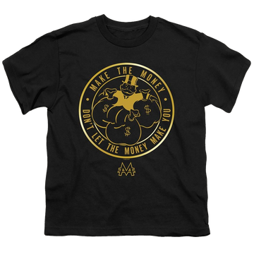 Black youth t-shirt for ages 8 to 12 with Monopoly Make The Money graphic