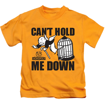 Gold kid's t-shirt for ages 4 to 7 with Monopoly Cant Hold Me Down graphic