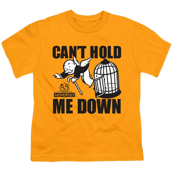 Gold youth t-shirt for ages 8 to 12 with Monopoly Cant Hold Me Down graphic