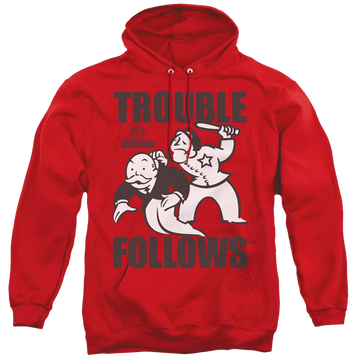 Red pullover hoodie with Monopoly Trouble Follows graphic