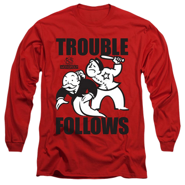 Red men's long sleeve t-shirt with Monopoly Trouble Follows graphic
