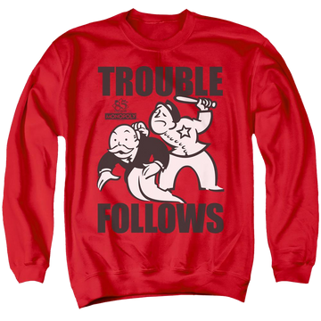 Red men's crewneck sweatshirt with Monopoly Trouble Follows graphic