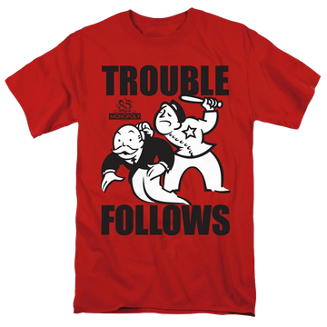 Red men's regular fit t-shirt with Monopoly Trouble Follows graphic