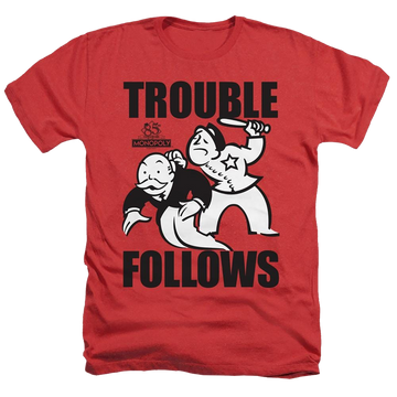 Red men's heather t-shirt with Monopoly Trouble Follows graphic