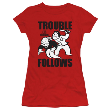 Red juniors t-shirt with Monopoly Trouble Follows graphic