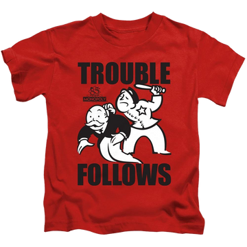 Red kid's t-shirt for ages 4 to 7 with Monopoly Trouble Follows graphic