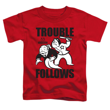 Red toddler t-shirt with Monopoly Trouble Follows graphic