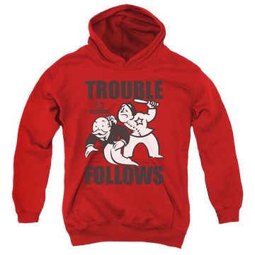 Red youth hoodie for ages 8 to 12 with Monopoly Trouble Follows graphic